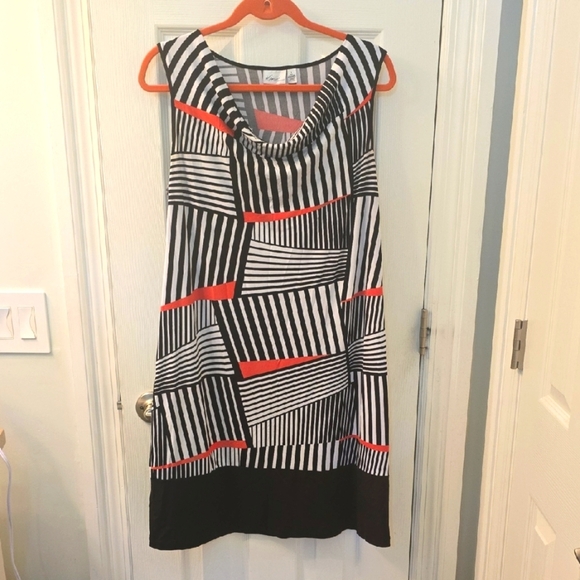 Kim Rogers Black and White Shift Dress with Coral Highlights Size L (0728C) - Picture 1 of 7